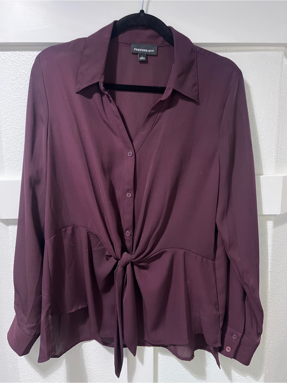 Fortune + Ivy Plum Tie-Front Button Down Blouse